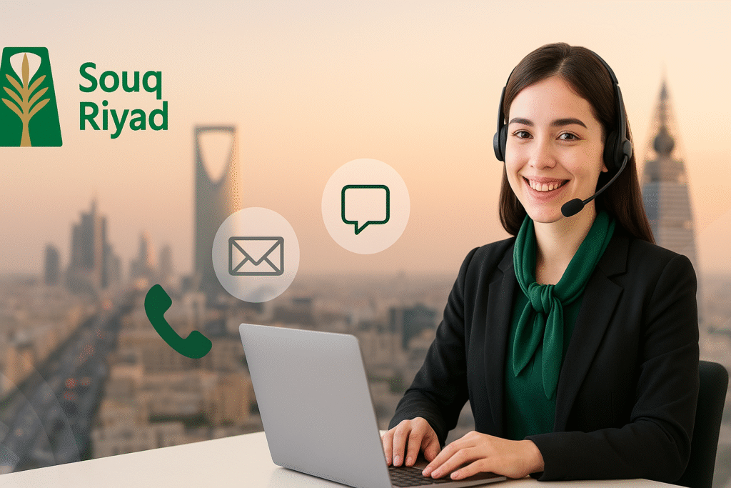 راية أفق مدينة الرياض عند غروب الشمس تظهر برج المملكة وبرج الفيصلية في الخلفية بشكل ضبابي، في الزاوية العلوية اليسرى شعار “سوق الرياض” فوق شكل شفاف، وعلى اليمين موظفة خدمة عملاء مبتسمة ترتدي سماعة رأس أمام كمبيوتر محمول، وحولها أيقونات هاتف، بريد، دردشة، وموقع جغرافي عائمة مع توهج خفيف، وعناصر زخرفية هندسية شفافة في الزاوية السفلية اليسرى.