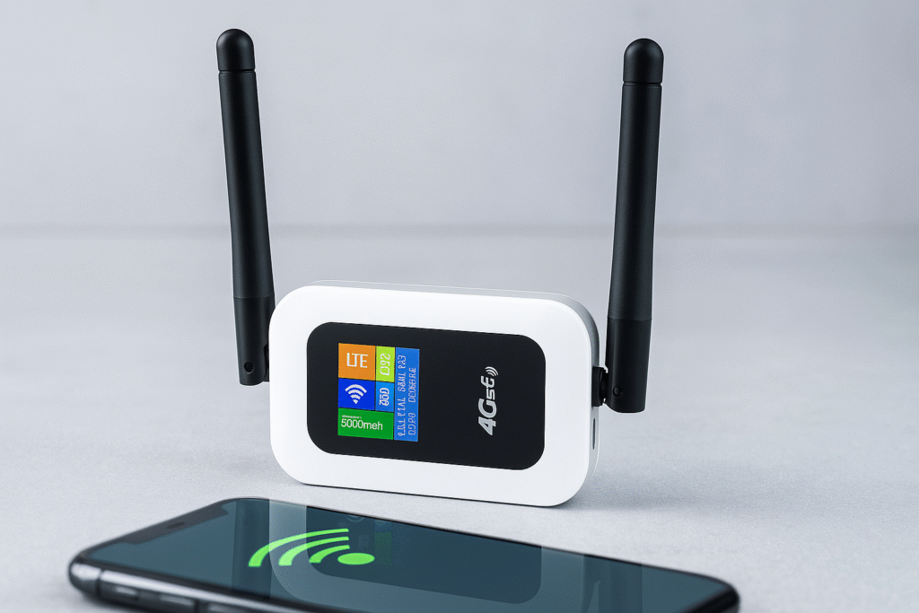 راوتر واي‌فاي محمول 4G أسود صغير مع هوائيات خارجية وشاشة LED