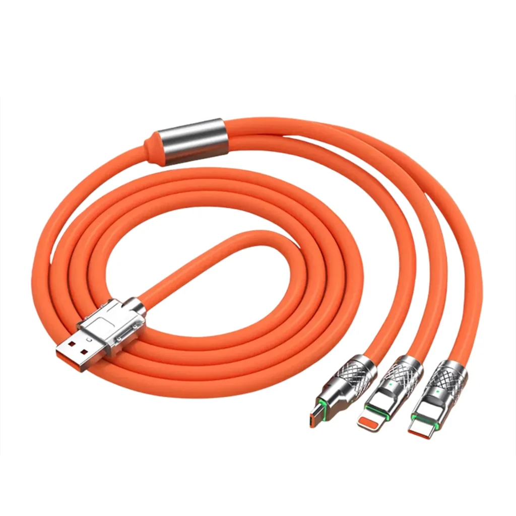 كابل شحن سريع 100 واط 3 في 1 مضفر بالنايلون مع رؤوس USB‑C وMicro‑USB وLightning
