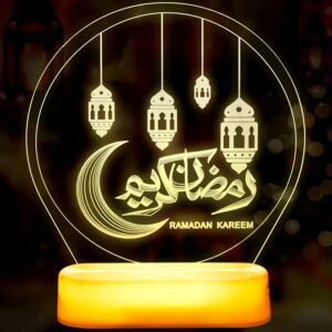 مصباح ديكور رمضان مبارك ثلاثي الأبعاد، مصنوع من الأكريليك، بإضاءة LED بيضاء دافئة.