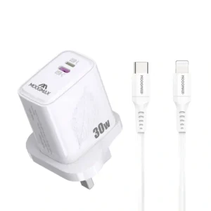 رأس شاحن موج ماكس معتمد من أبل 30 واط، بمنفذين Type-C و Lightning، مع كابل مرفق.