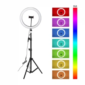 إضاءة تصوير دائرية RGB (Ring Light) بقطر 26 سم مع حامل ثلاثي بطول 1.8 متر وحامل مدمج للهاتف.