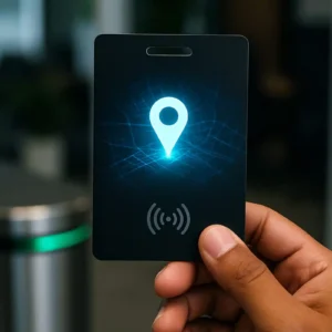بطاقة تحديد الموقع (Find My) رقيقة جداً بلون أسود، بحجم بطاقة البنك، وشحن لاسلكي.