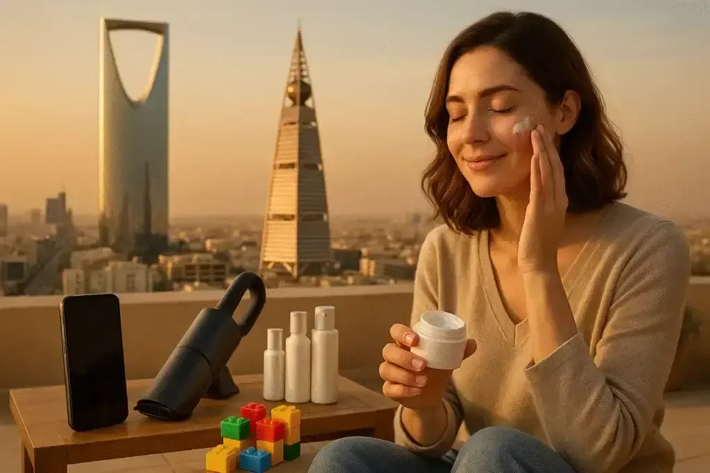 سيدة تبتسم بهدوء أثناء تطبيق كريم للعناية بالبشرة وهي جالسة في المقدمة، وفي الخلفية أفق مدينة الرياض مع برج المملكة وبرج الفيصلية عند غروب الشمس، وعلى طاولة خشبية صغيرة مجموعة من المنتجات المشتراة من موقع souq-riyad.com (هاتف ذكي عمودي، مكنسة كهربائية يدوية، عبوات كريم للعناية بالبشرة ولعبة أطفال ملونة).